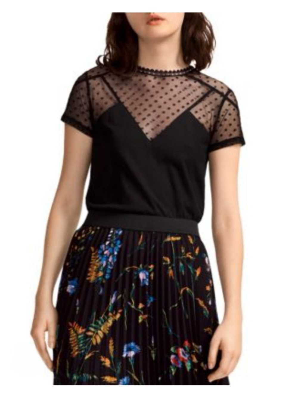 MAJE Tribor Lace Inset & Dot Pattern Black Short Sleeve Top Size S